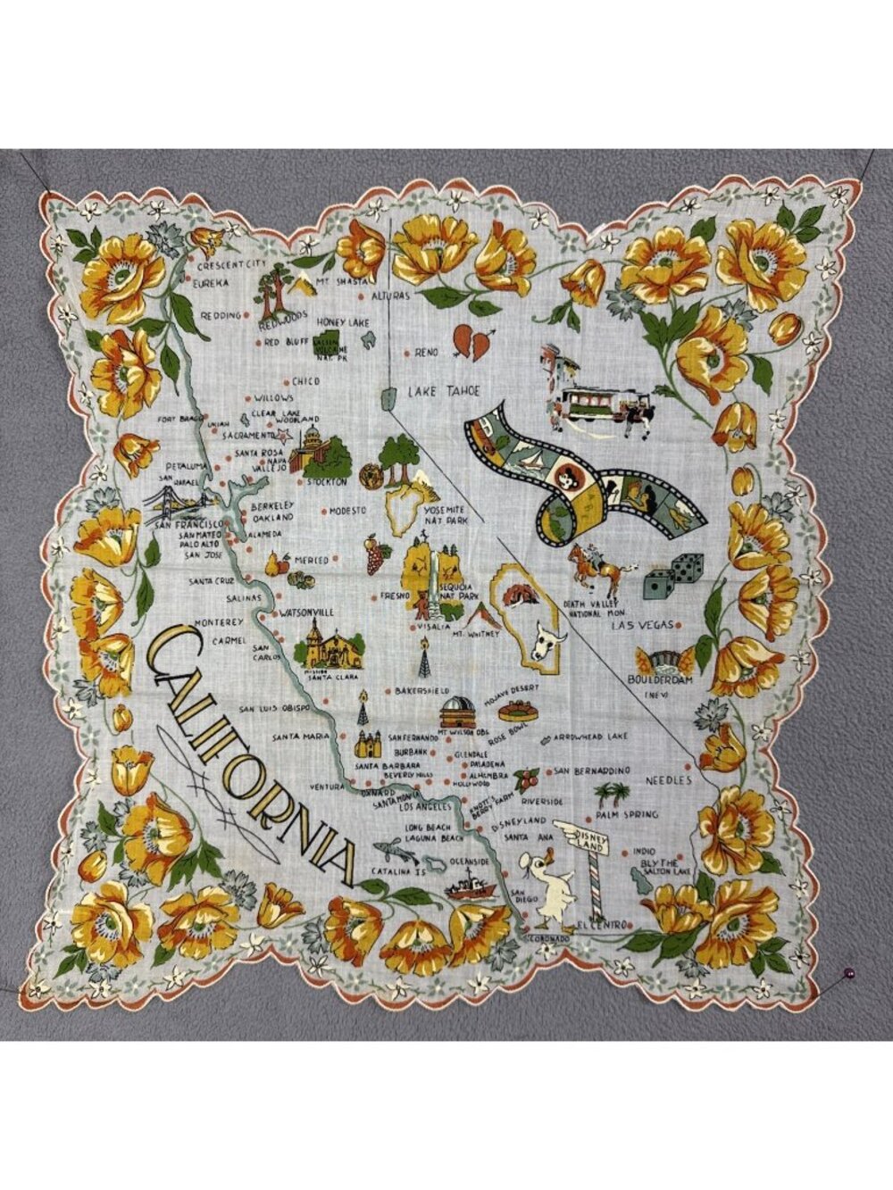 Vtg California Yellow Floral Map Handkerchief 50s/60s MCM state souvenir